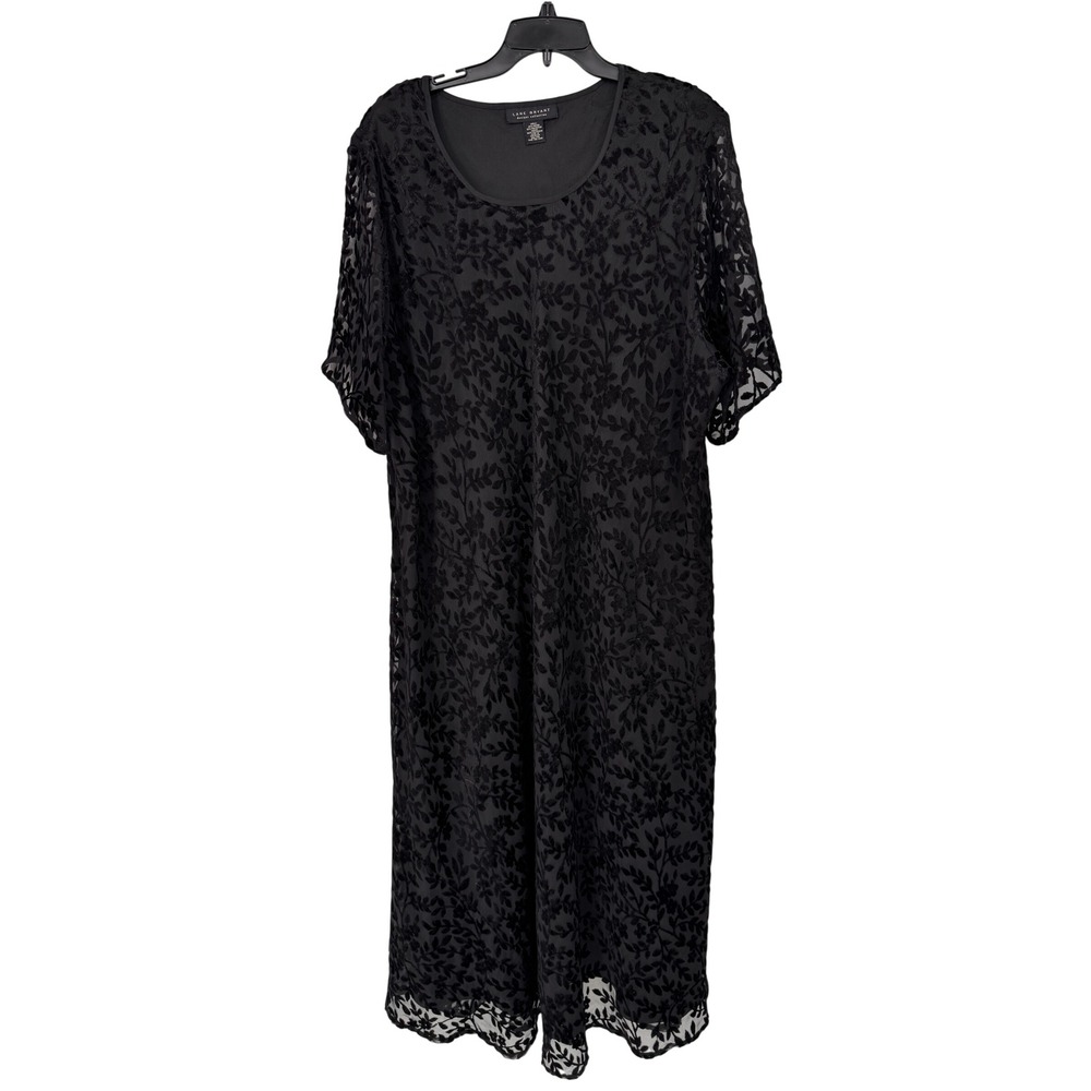 Lane Bryant Dress Women 26/28 Black Burnout Velvet Leaf Short Sleeve Midi